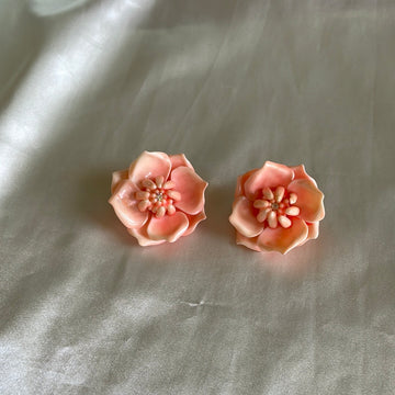 Vintage 80s Pink Handmade Flower Clip Earrings