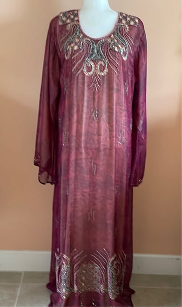 Divine Handmade Sheer Burgundy Vintage Beaded Evening Dress or Hostess Caftan L