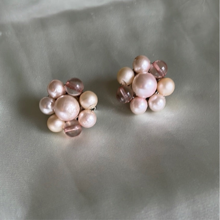 1950's signed japan glass beaded cluster pierced earrings