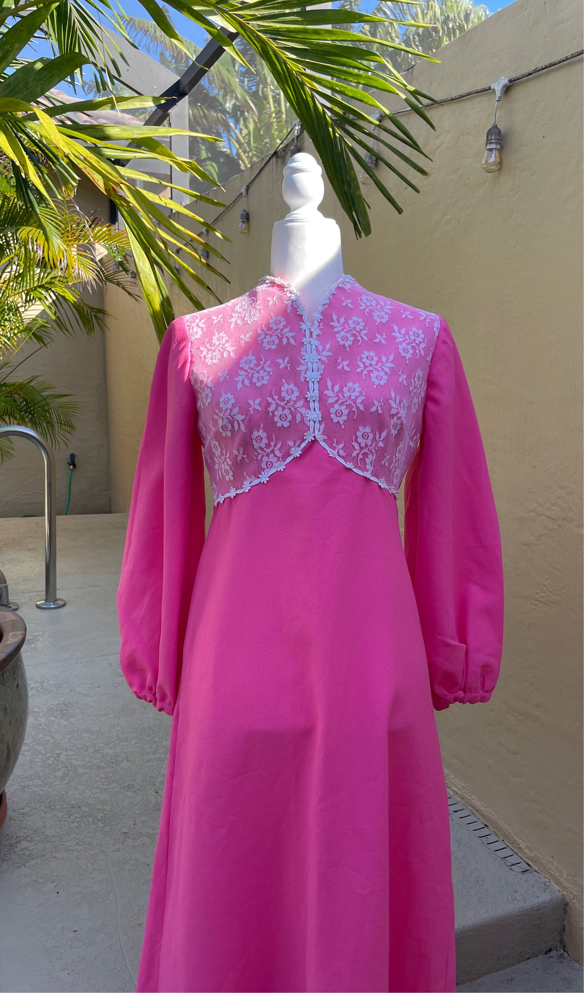  70s Vintage Pink Lace Romantic Long Sleeve Handmade Maxi Dress S