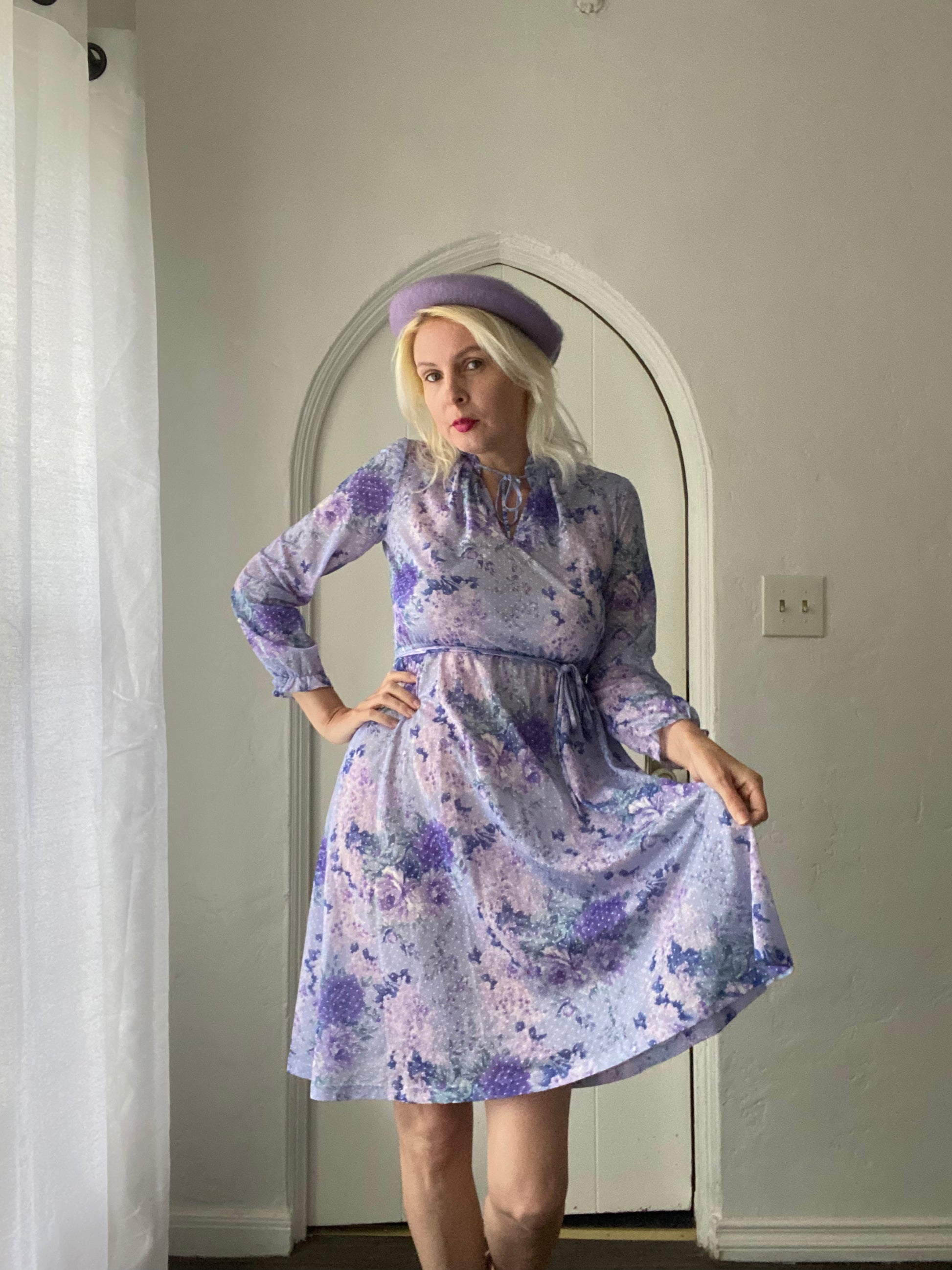 1970's Vintage Dress Lavender Fields 70s Purple Floral Poly Ruffled Vintage Dress S
