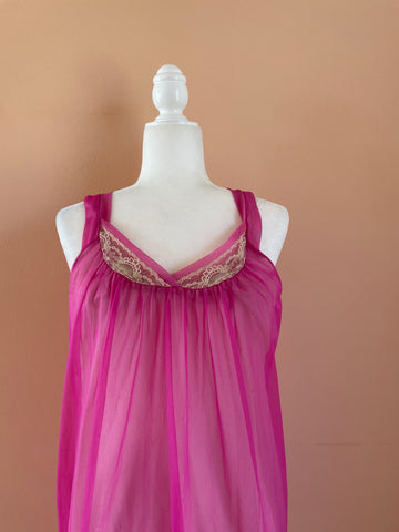 Vintage 50/60’s Pink/Magenta Nylon Floral Lace Long Lingerie Gown