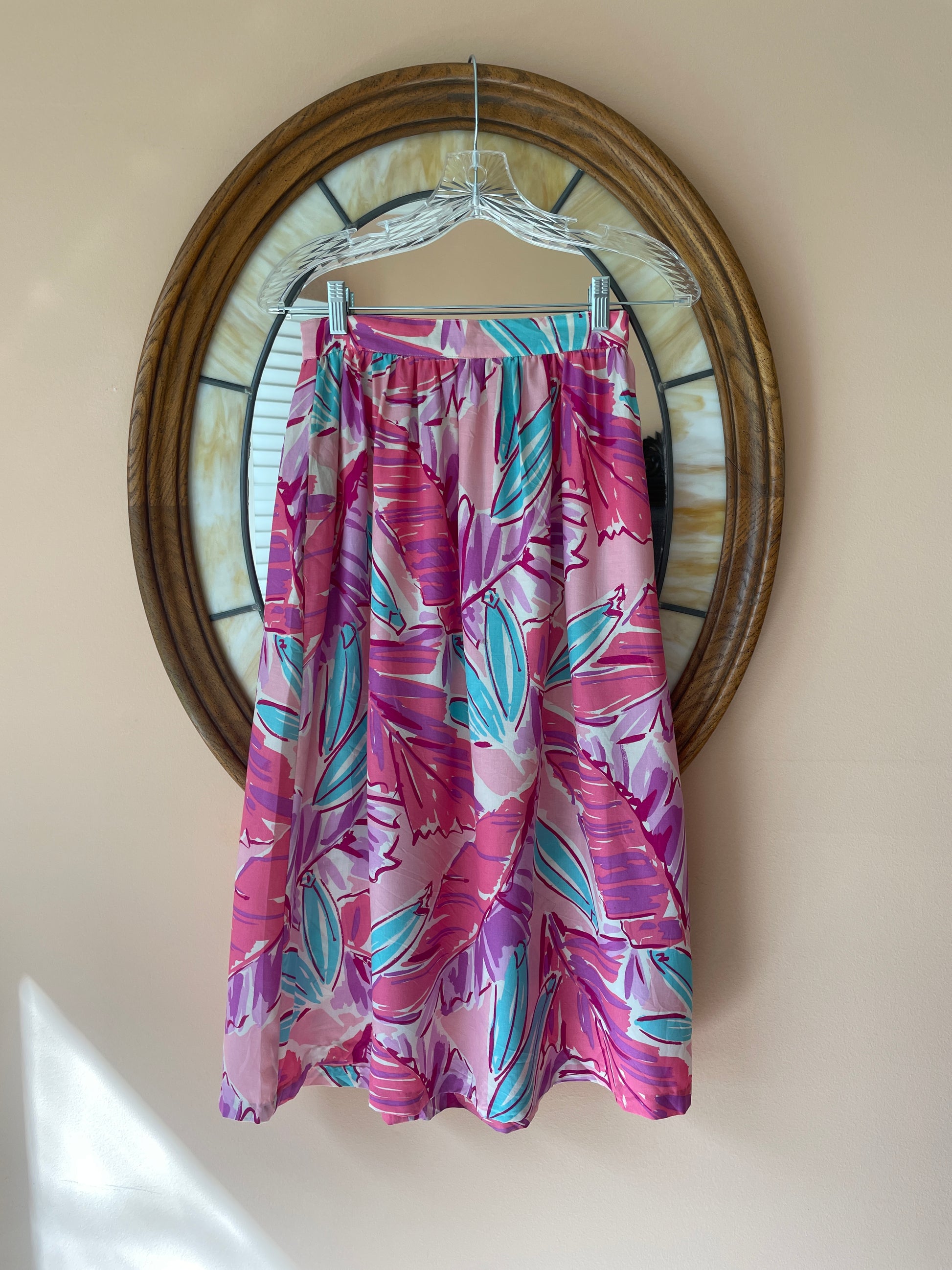  70s High Waist Rayon Leaf Print Pockets Handmade Skirt