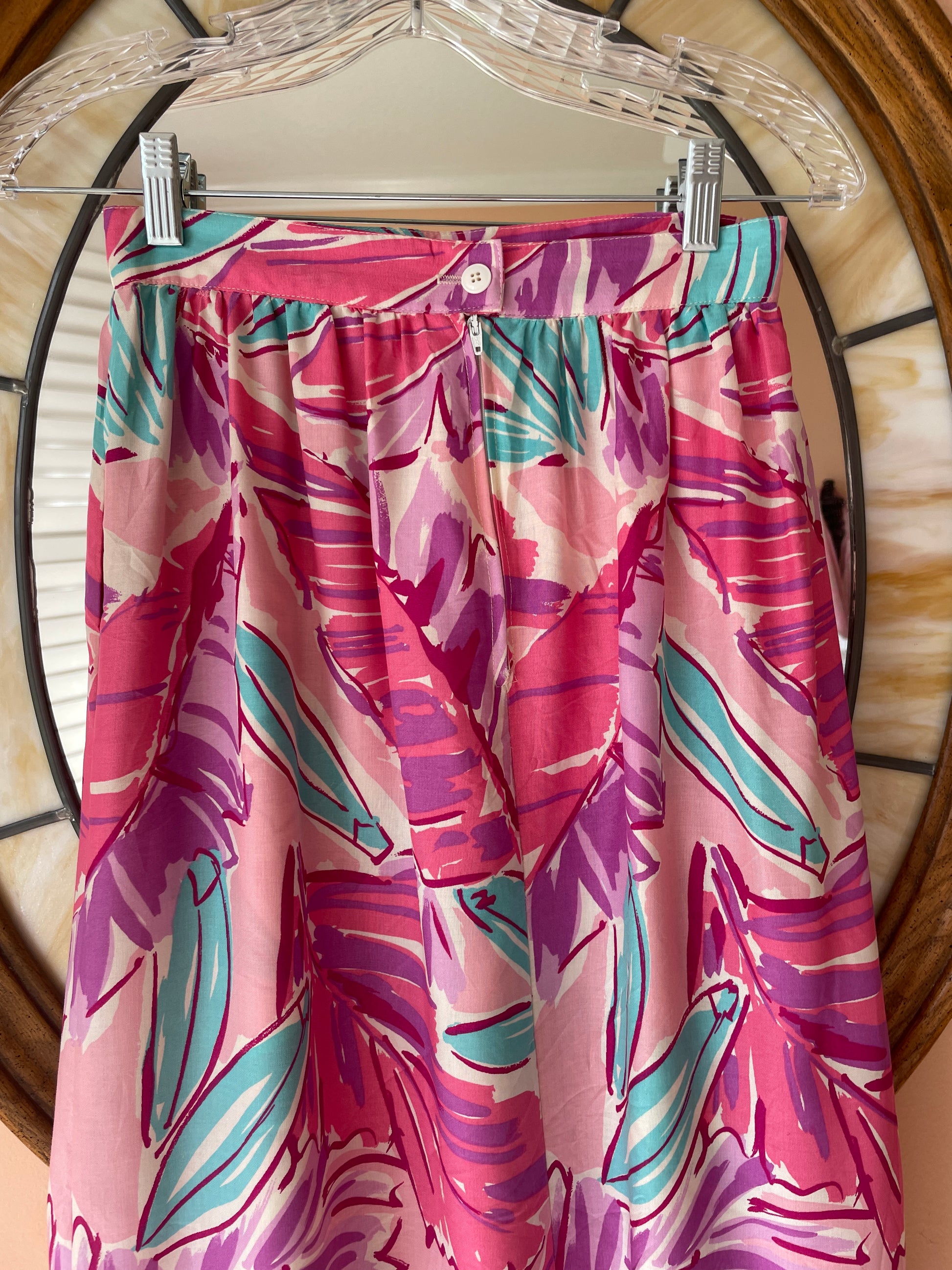  70s High Waist Rayon Leaf Print Pockets Handmade Skirt