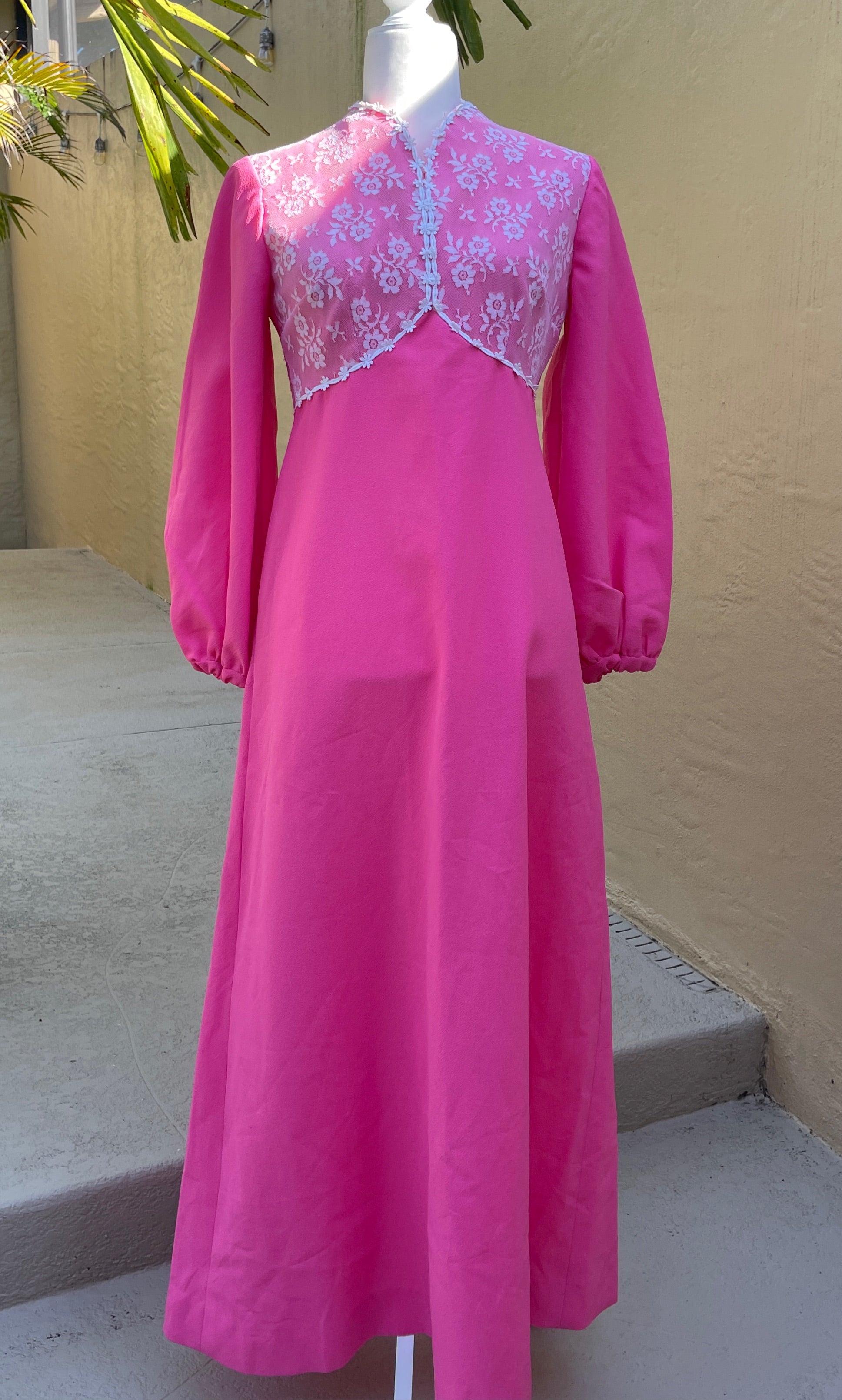 Pink 70s Romantic Handmade Maxi Dress S 70s Vintage Pink Lace Romantic Long Sleeve Handmade Maxi Dress S