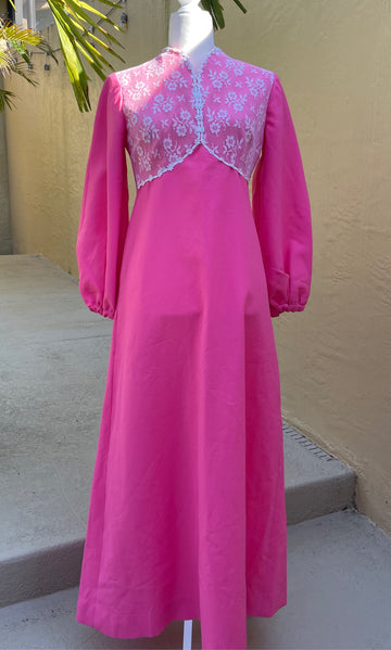 70s Vintage Pink Lace Romantic Long Sleeve Handmade Maxi Dress S