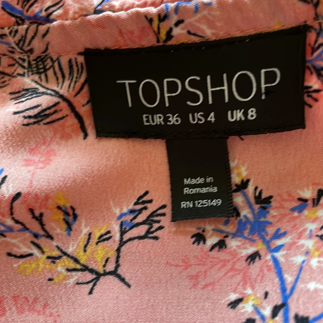  TopShop 2000s Floral Leaf Print Poly Pink Wrap Micro Mini Dress