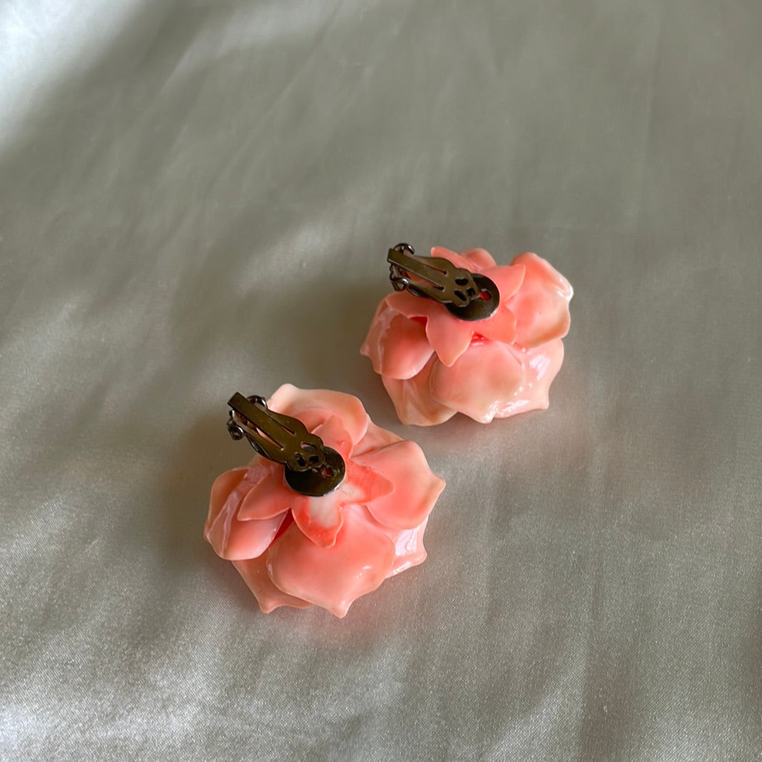  Vintage 80s Pink Handmade Flower Clip Earrings
