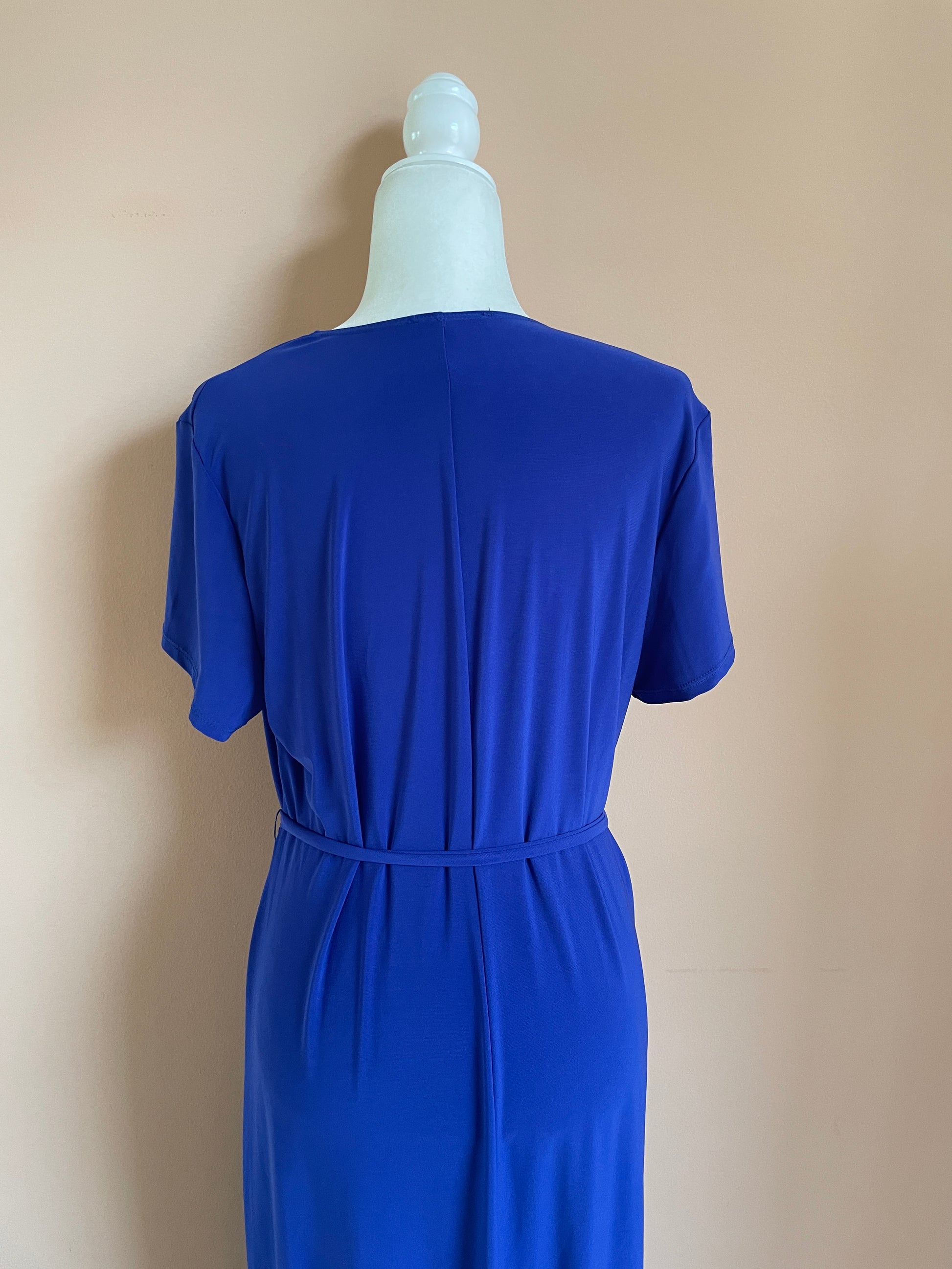  Vintage 90s Blue Silky Poly Matching Belt Maxi Dress
