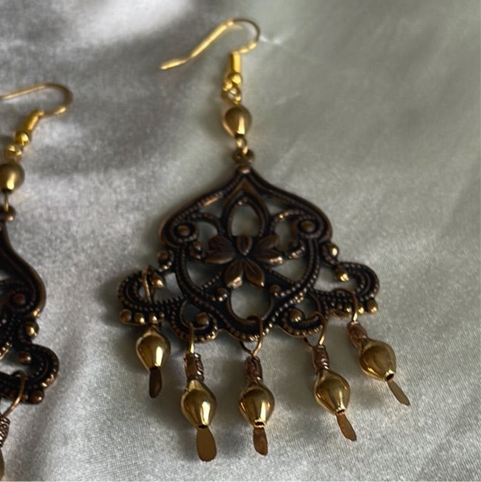  90s Boho Chic Vintage Decorative Brass Tone Bollywood Pierced Earrings