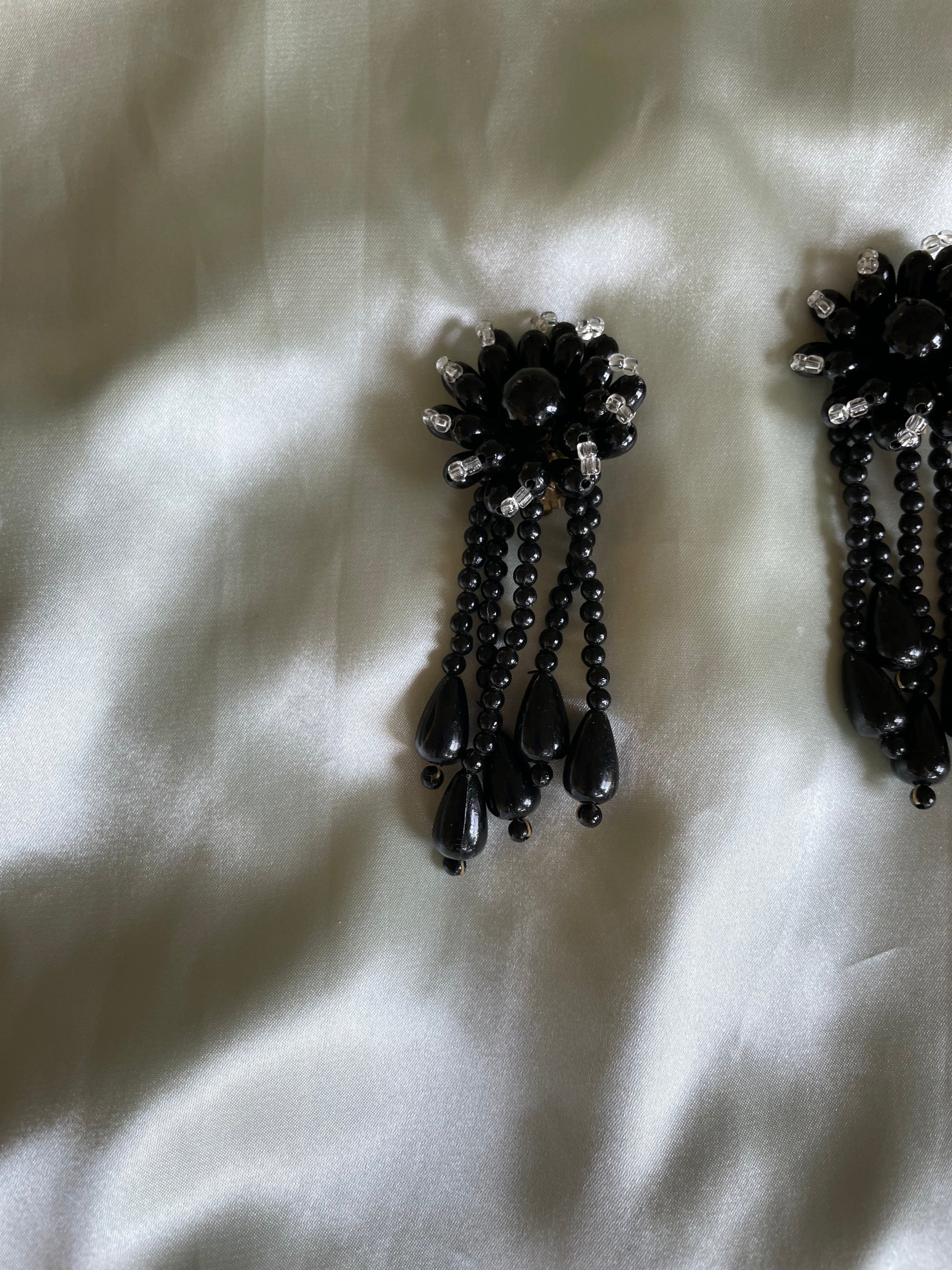  Vintage 80’s Black Beaded Flower Design Statement Earrings