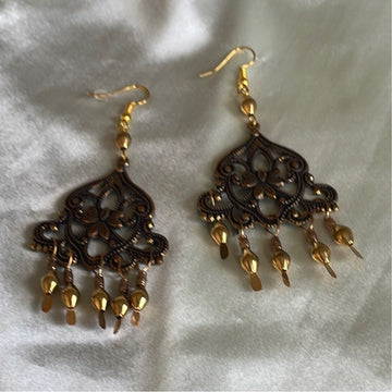 90s Boho Chic Vintage Decorative Brass Tone Bollywood Pierced Earrings