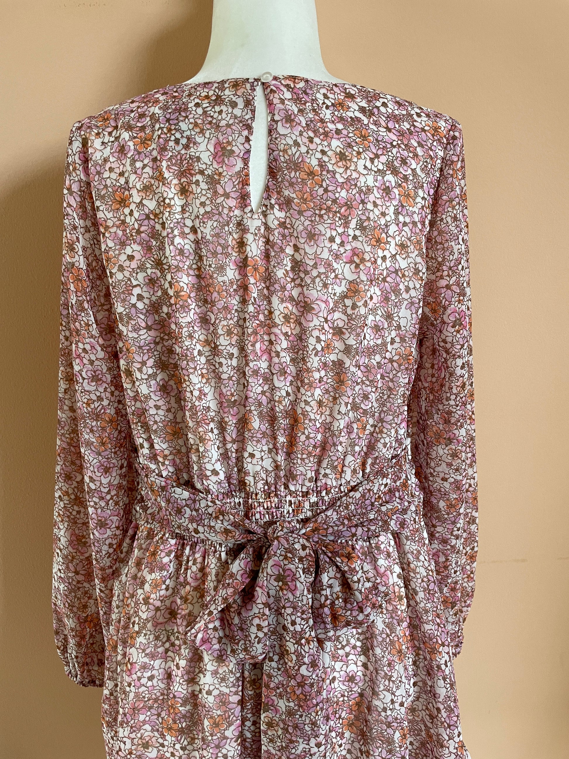  90s Floral Poly Babydoll Tiered Vintage Dress L