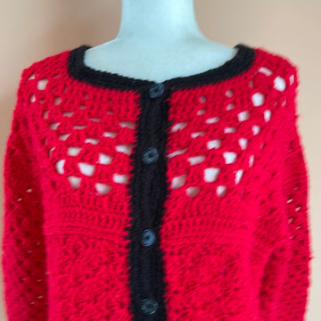 Vintage 70s Handmade Crochet Red Cardigan Sweater