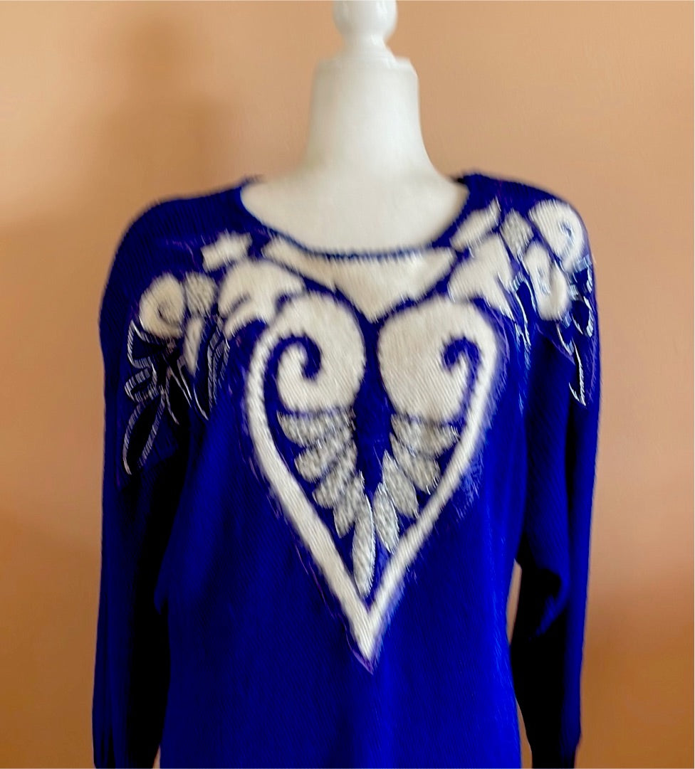  80s Alan Manchel  Blue Angora Vintage Cool Decorative Knit Sweater