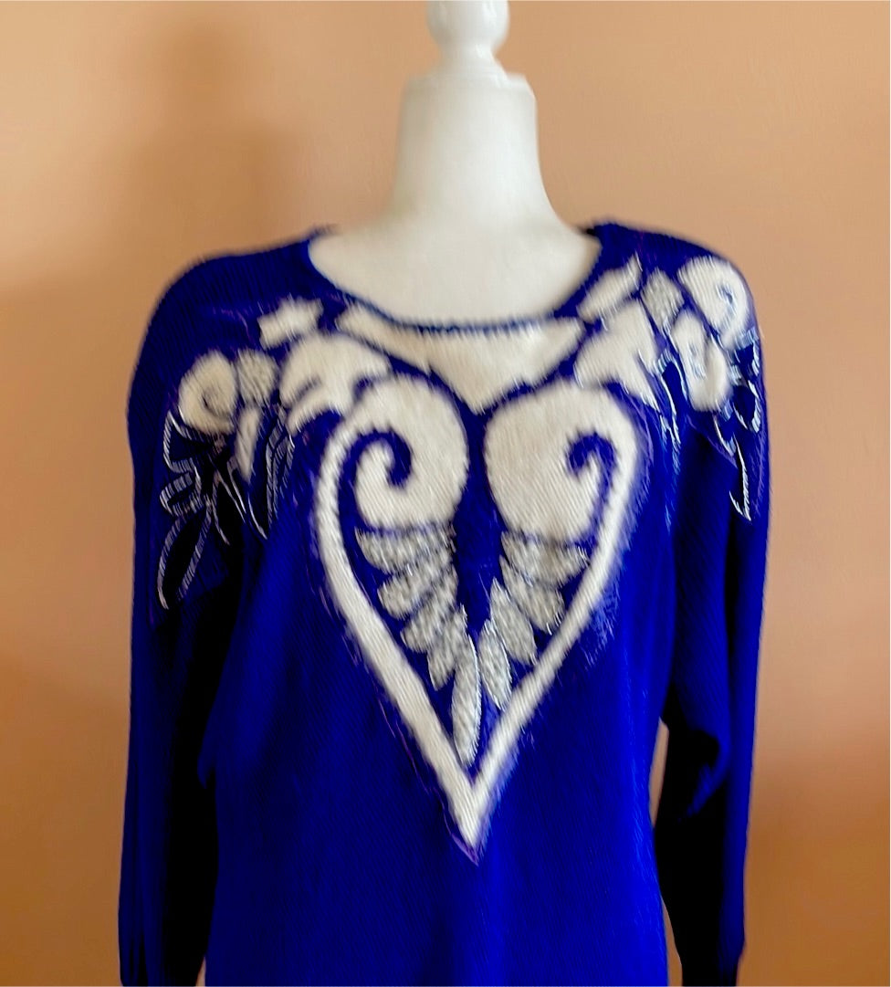  80s Alan Manchel  Blue Angora Vintage Cool Decorative Knit Sweater M