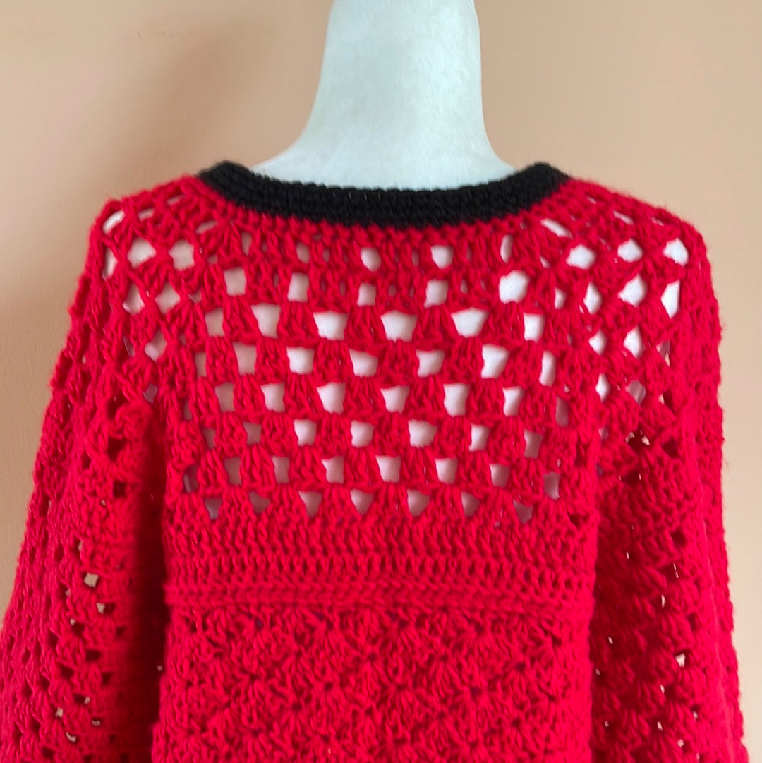  Vintage 70s Handmade Crochet Red Cardigan Sweater