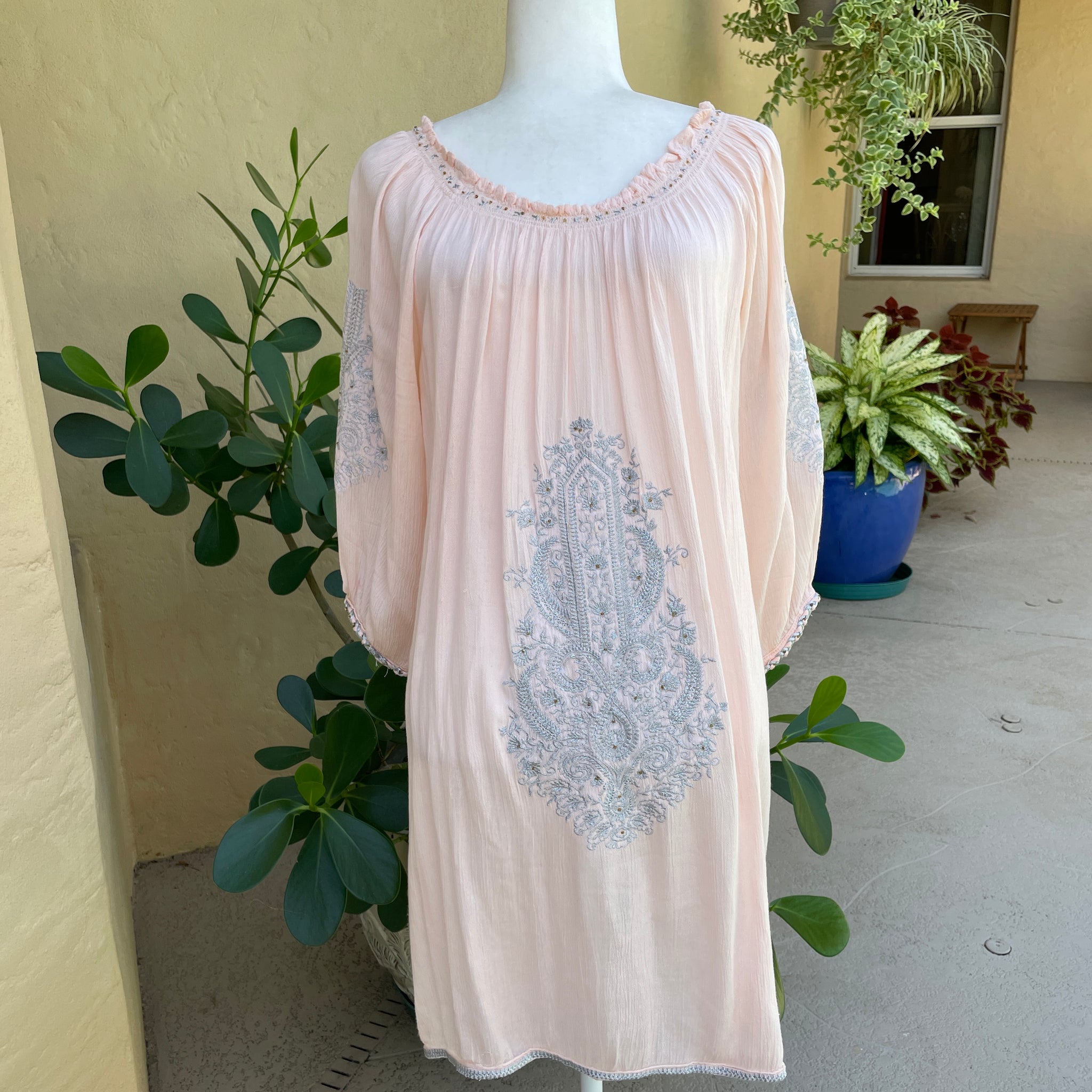 2000s Peachy Pink Off Shoulder On Boho Beach Embroidery Tunic Dress