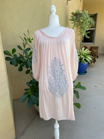 2000s Peachy Pink Off Shoulder On Boho Beach Embroidery Tunic Dress