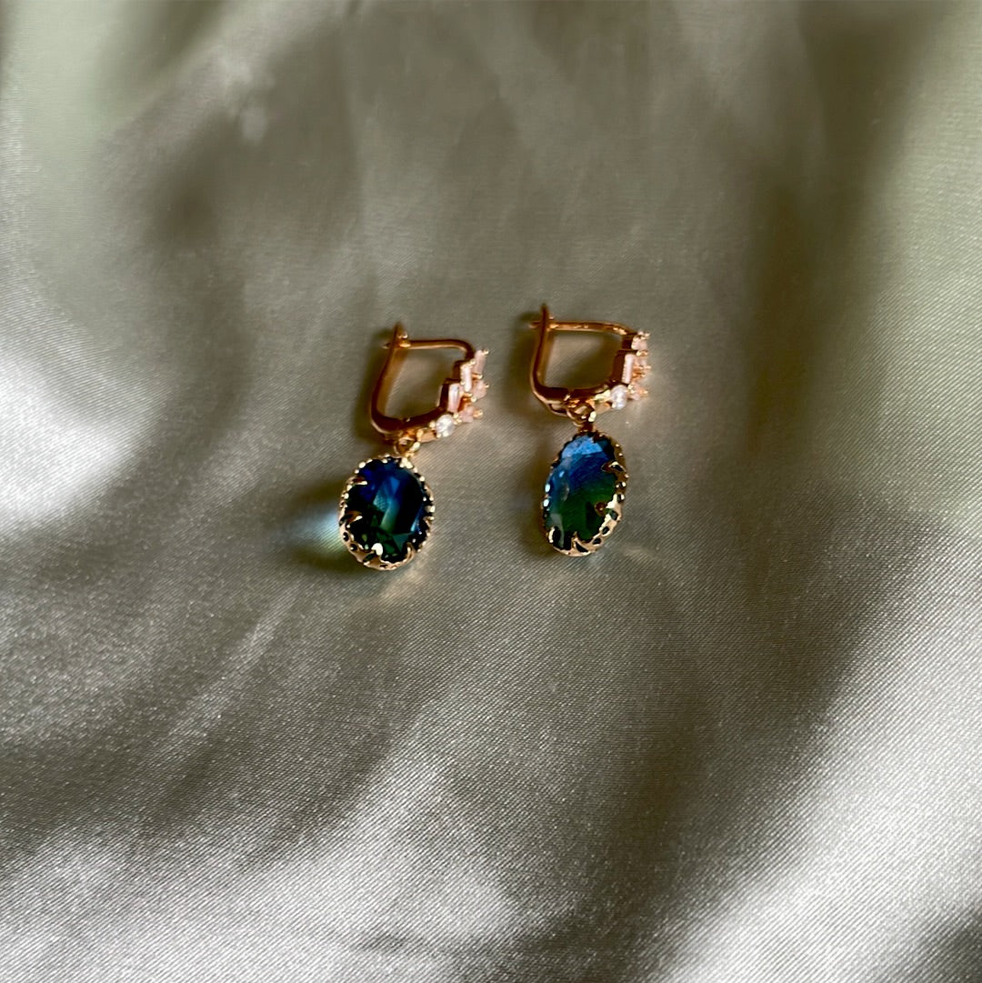 Gold plated teal glass zirconia pretty drop pierced earrings 