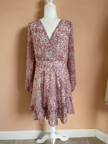90s Floral Poly Babydoll Tiered Vintage Dress L