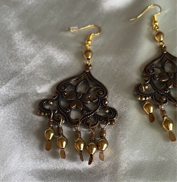  90s Boho Chic Vintage Decorative Brass Tone Bollywood Pierced Earrings