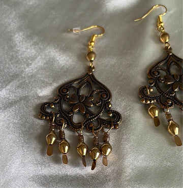 90s Boho Chic Vintage Decorative Brass Tone Bollywood Pierced Earrings