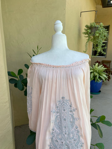 2000s Peachy Pink Off Shoulder On Boho Beach Embroidery Tunic Dress M