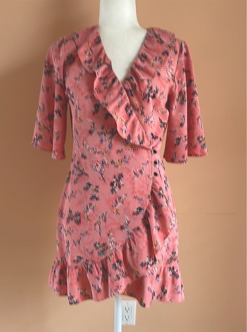 TopShop 2000s floral leaf print poly pink wrap micro mini dress Small