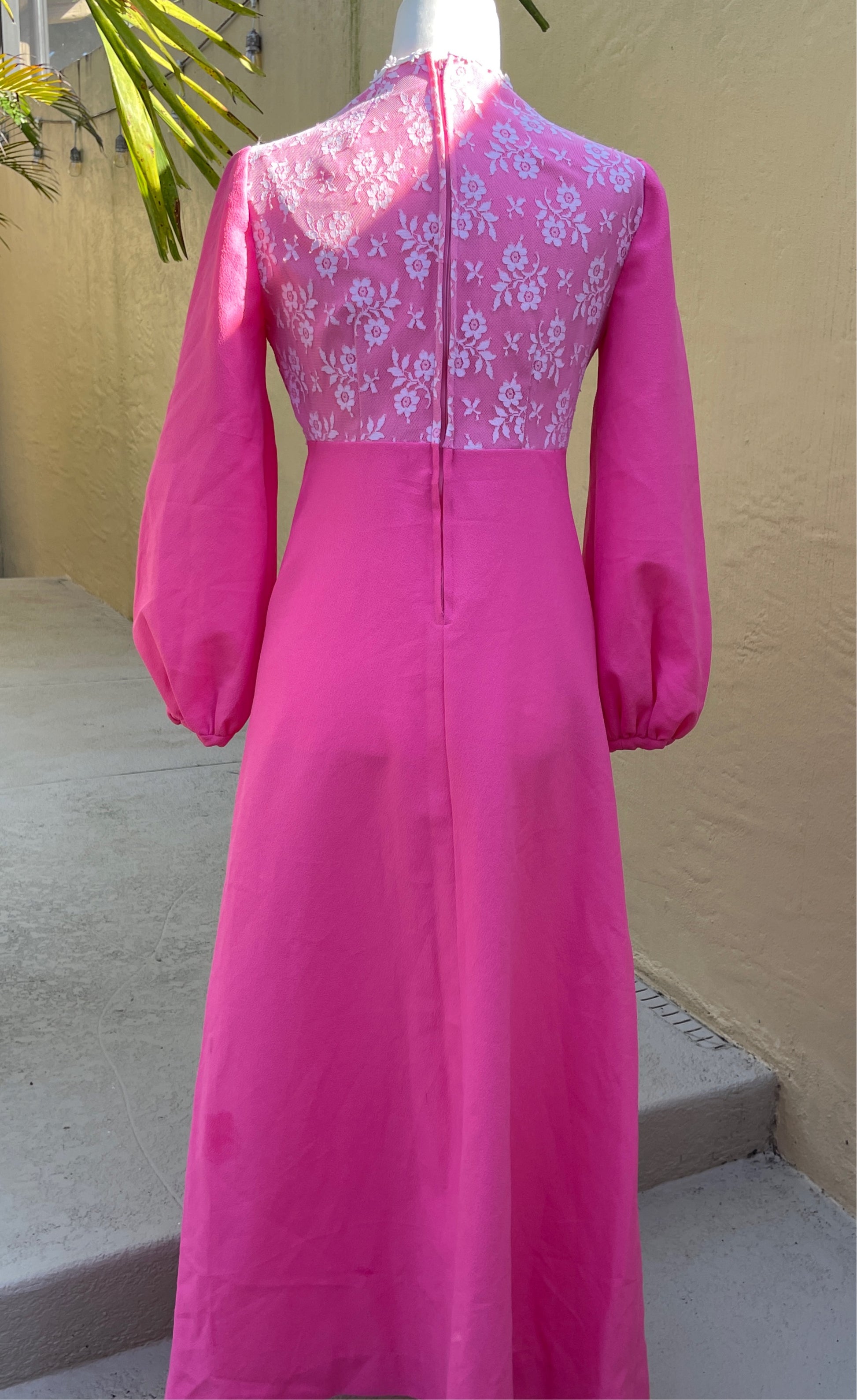  70s Vintage Pink Lace Romantic Long Sleeve Handmade Maxi Dress S