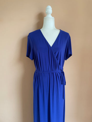 Vintage 90s Blue Silky Poly Matching Belt Maxi Dress L