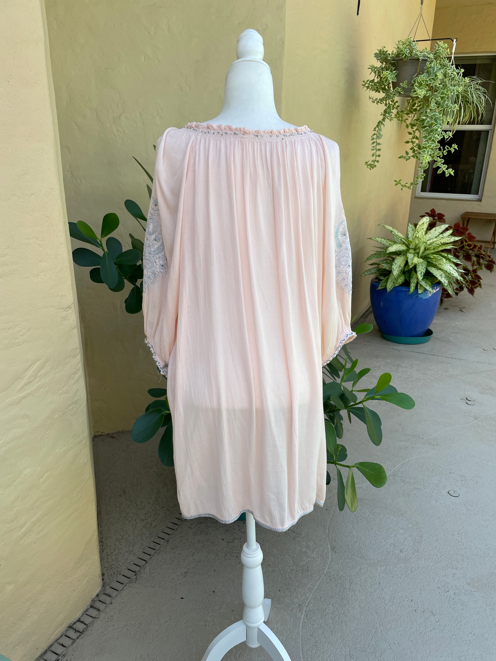  2000s Peachy Pink Off Shoulder On Boho Beach Embroidery Tunic Dress