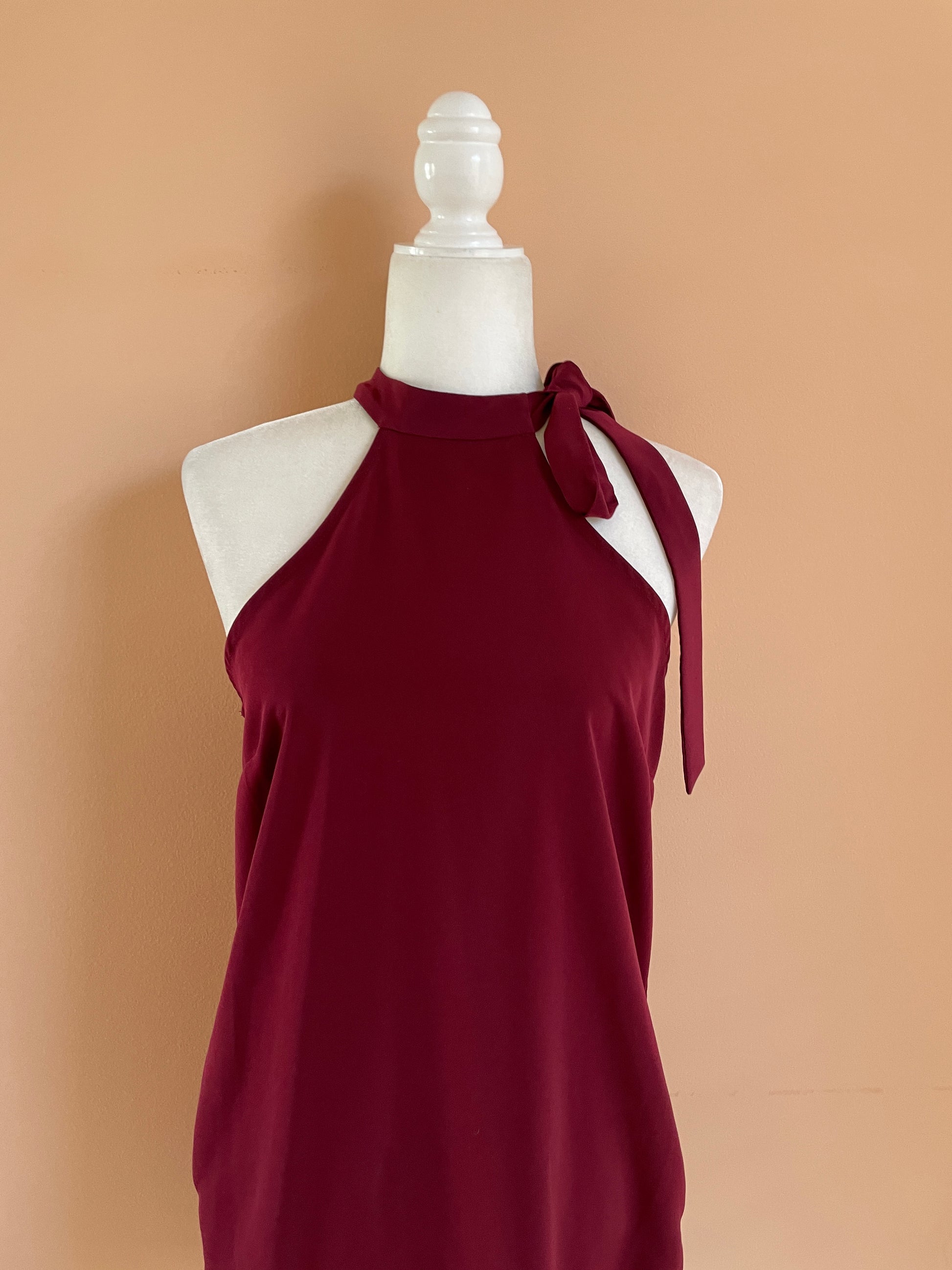  Vintage 90s Burgundy Sleeveless Bow Pockets Rokoko Shift Mini Dress