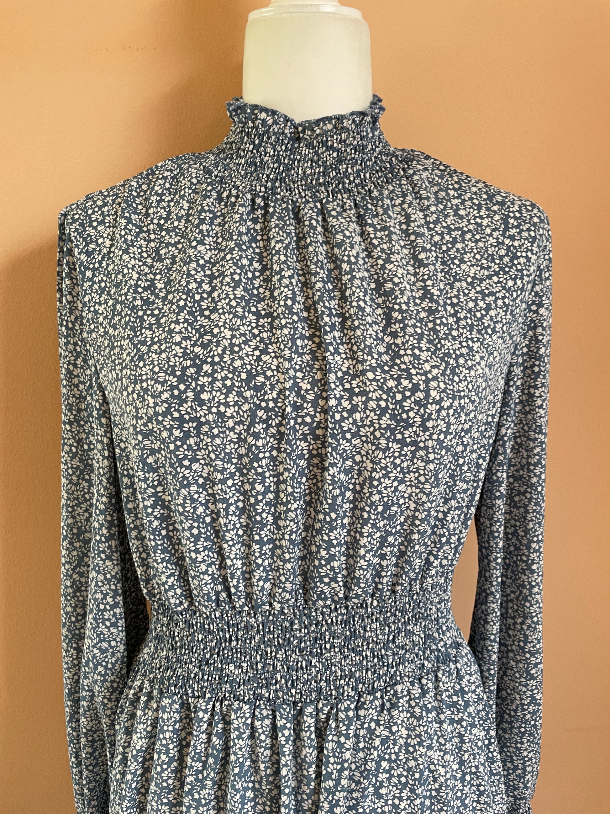 1990’s Vintage Silky Poly Blue Print Ruffled Long Sleeve Prairie Dress M