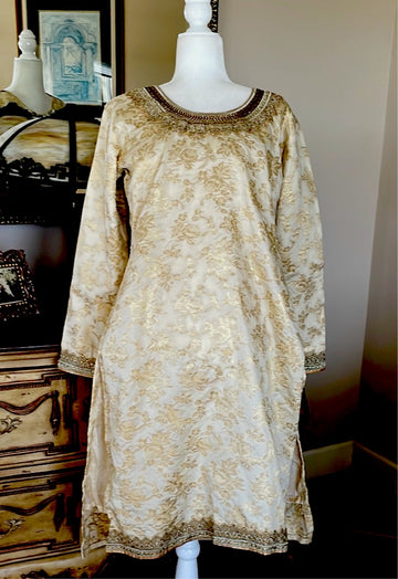 Vintage 70s Handmade Floral Brocade Special Occasion Costume Tunic Dress L