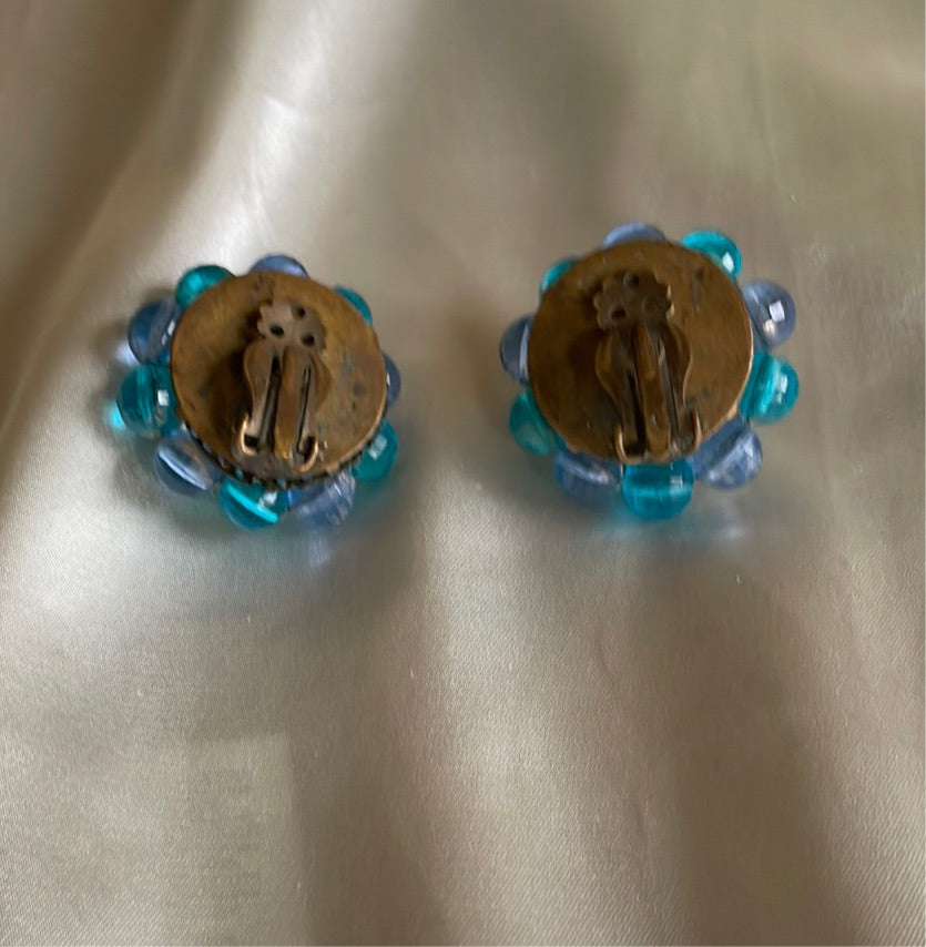  Vintage Acrylic Beaded Flower Clip Earrings