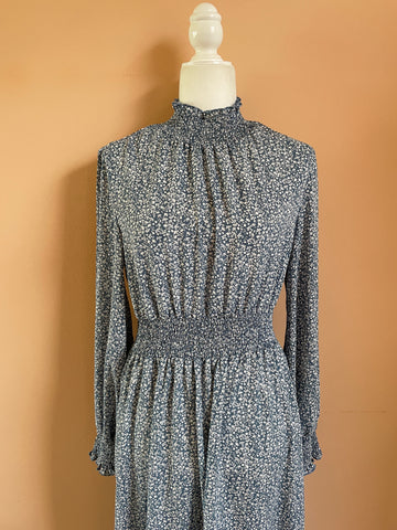 1990’s Vintage Silky Poly Blue Print Ruffled Long Sleeve Prairie Dress M
