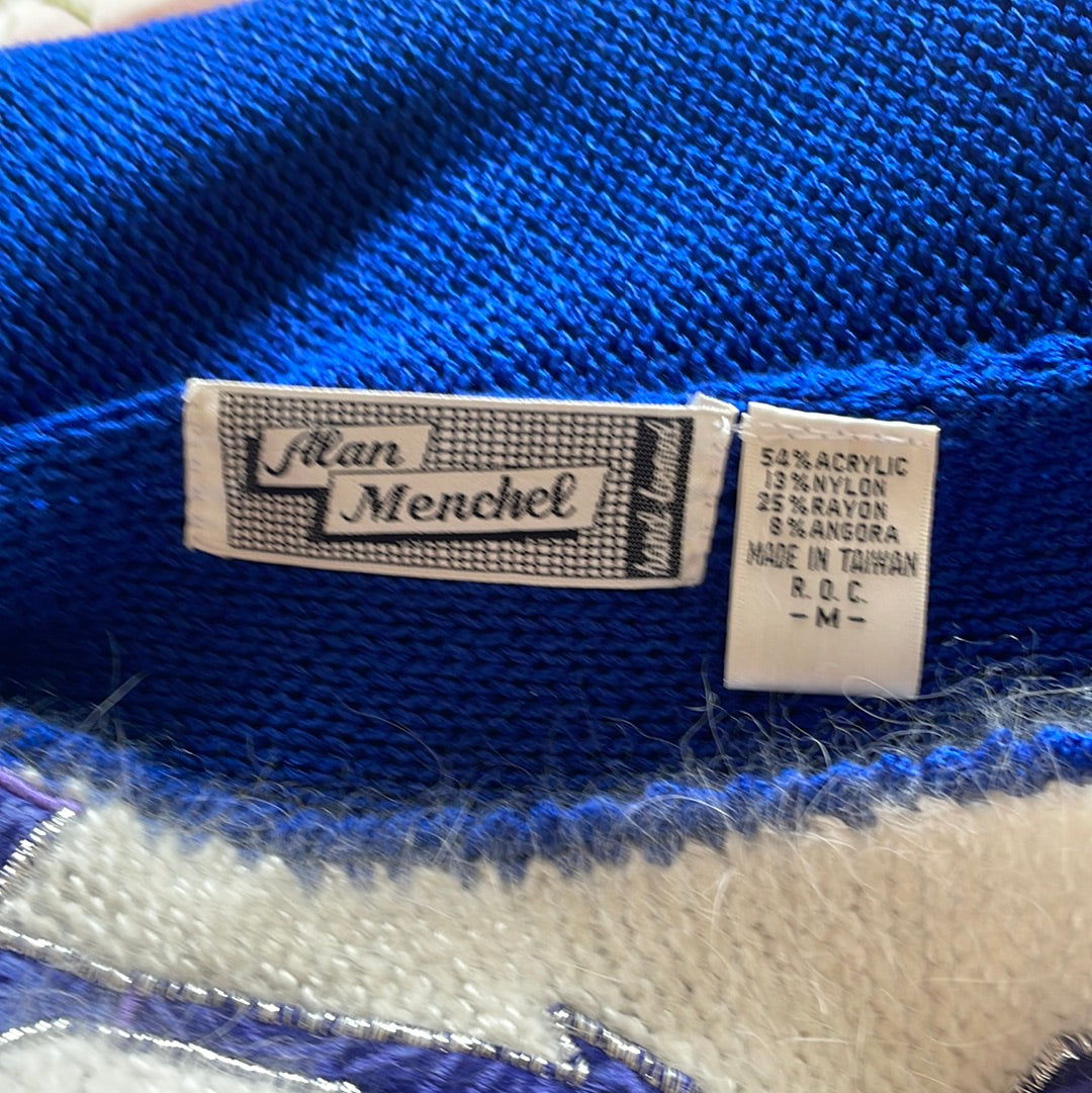  80s Alan Manchel  Blue Angora Vintage Cool Decorative Knit Sweater