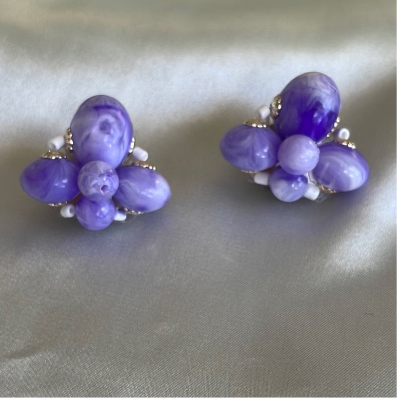 1950's japan purple cluster clip earrings