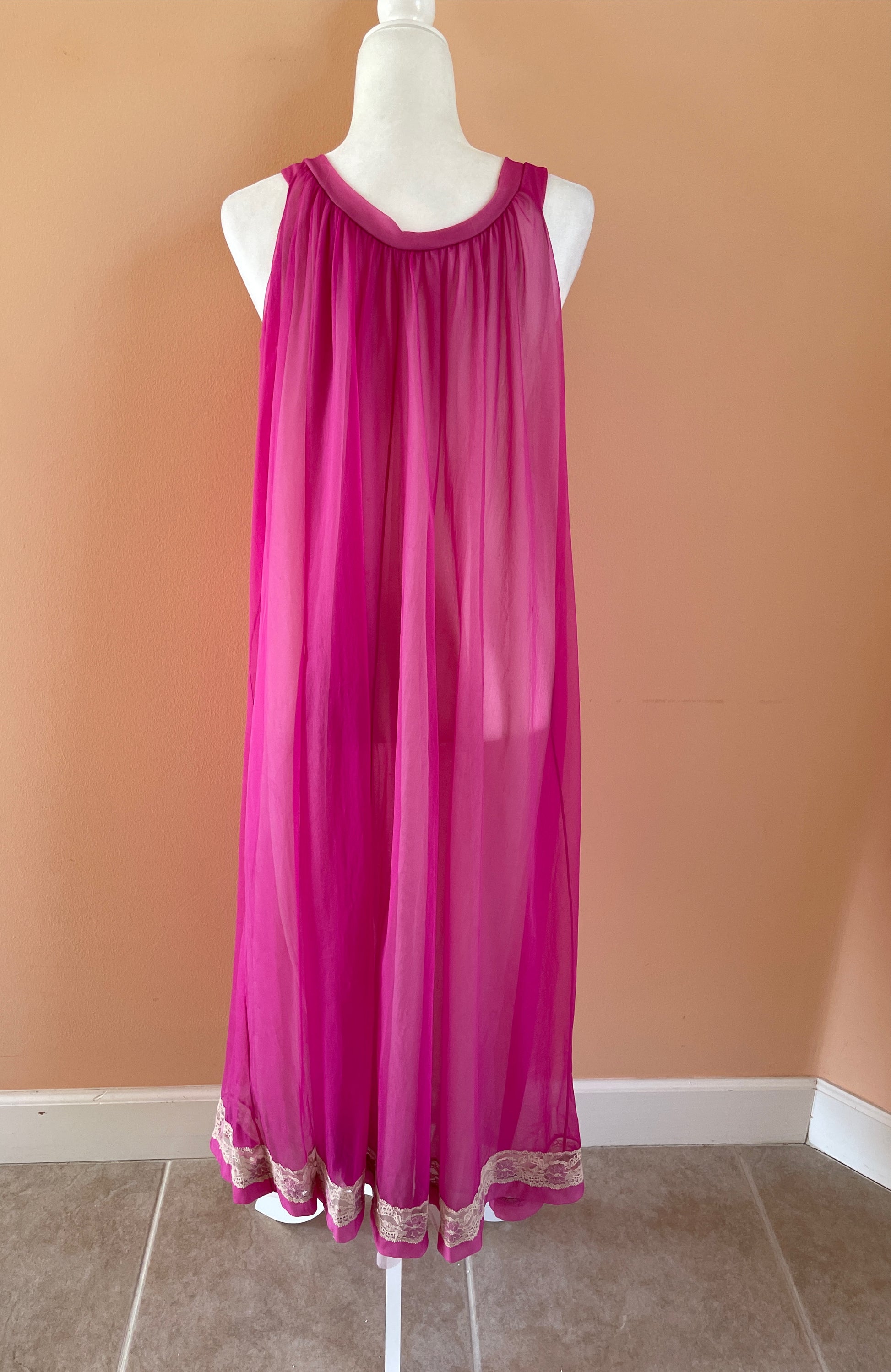  Vintage 50/60’s Pink/Magenta Nylon Floral Lace Long Lingerie Gown