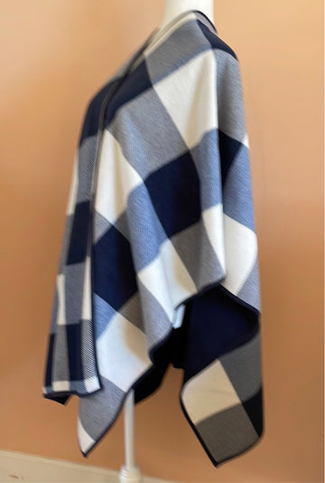 2000s Navy White Check Design Cozy Soft Oversize Cape Wrap