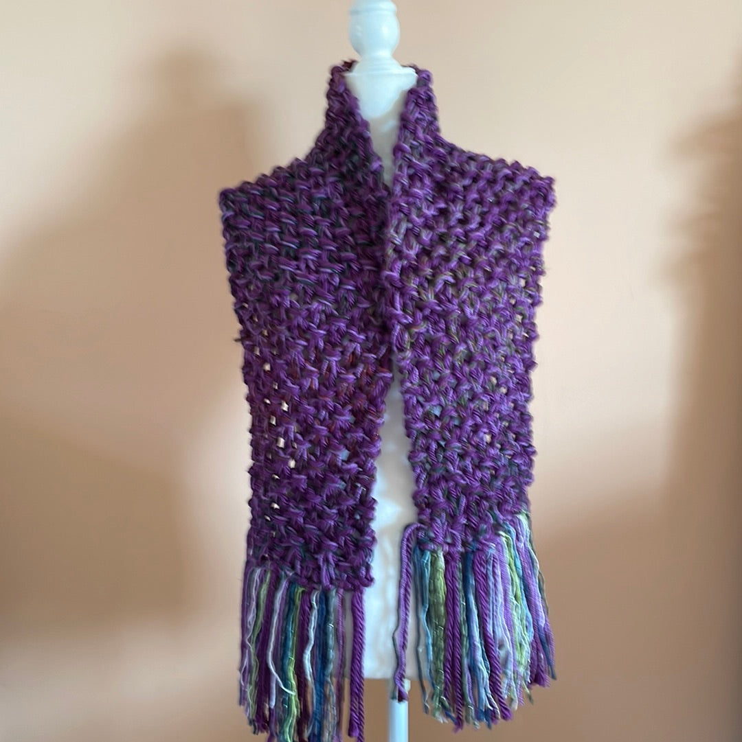 Scarf hand knit fringed winter purple arty