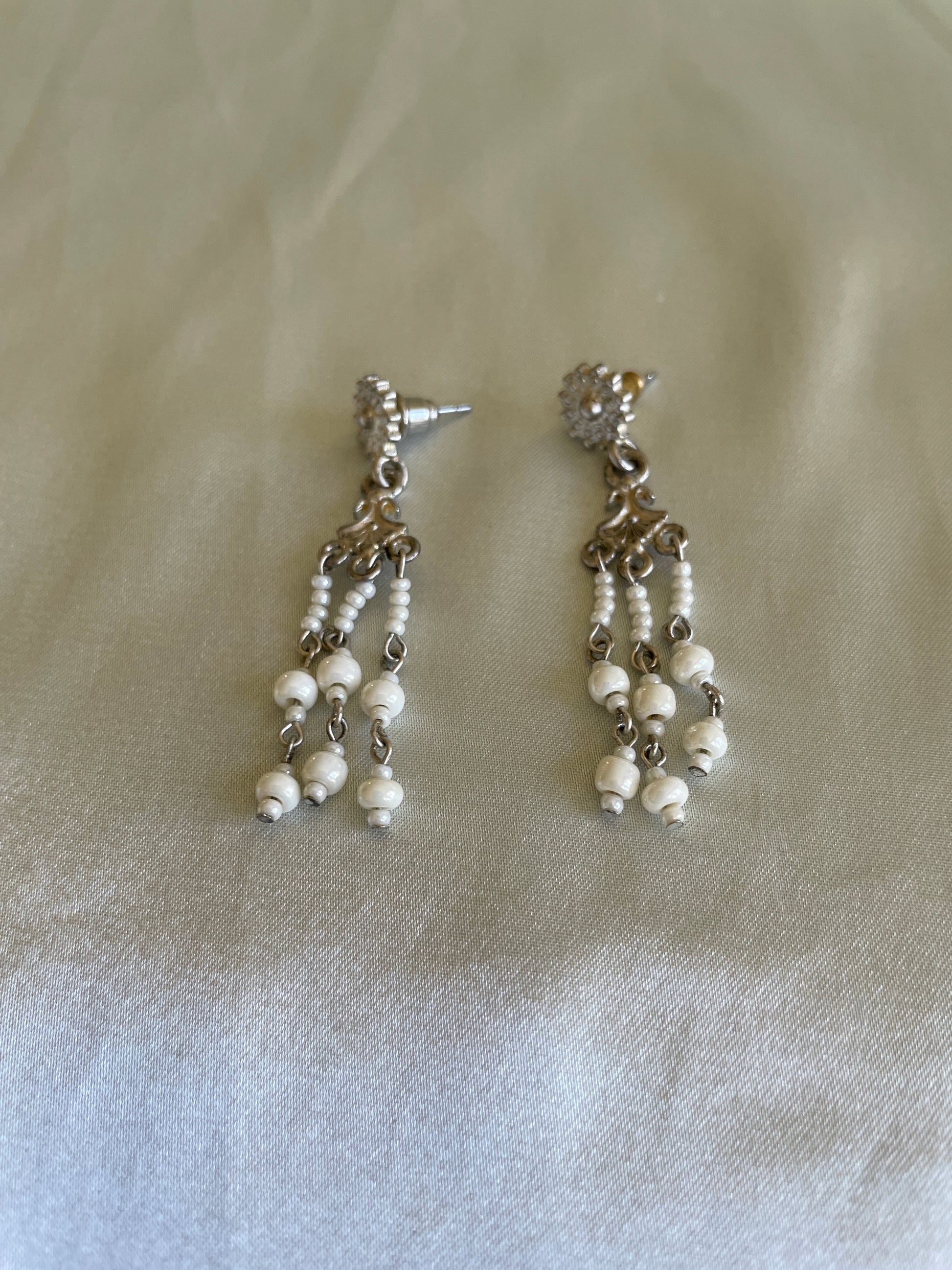  2000’s Delicate Silver Tone Faux Pearl Drop Earrings