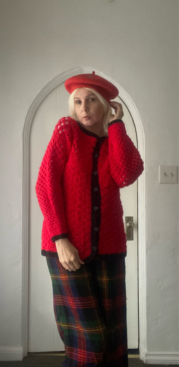 Vintage 70s Handmade Crochet Red Cardigan Sweater M