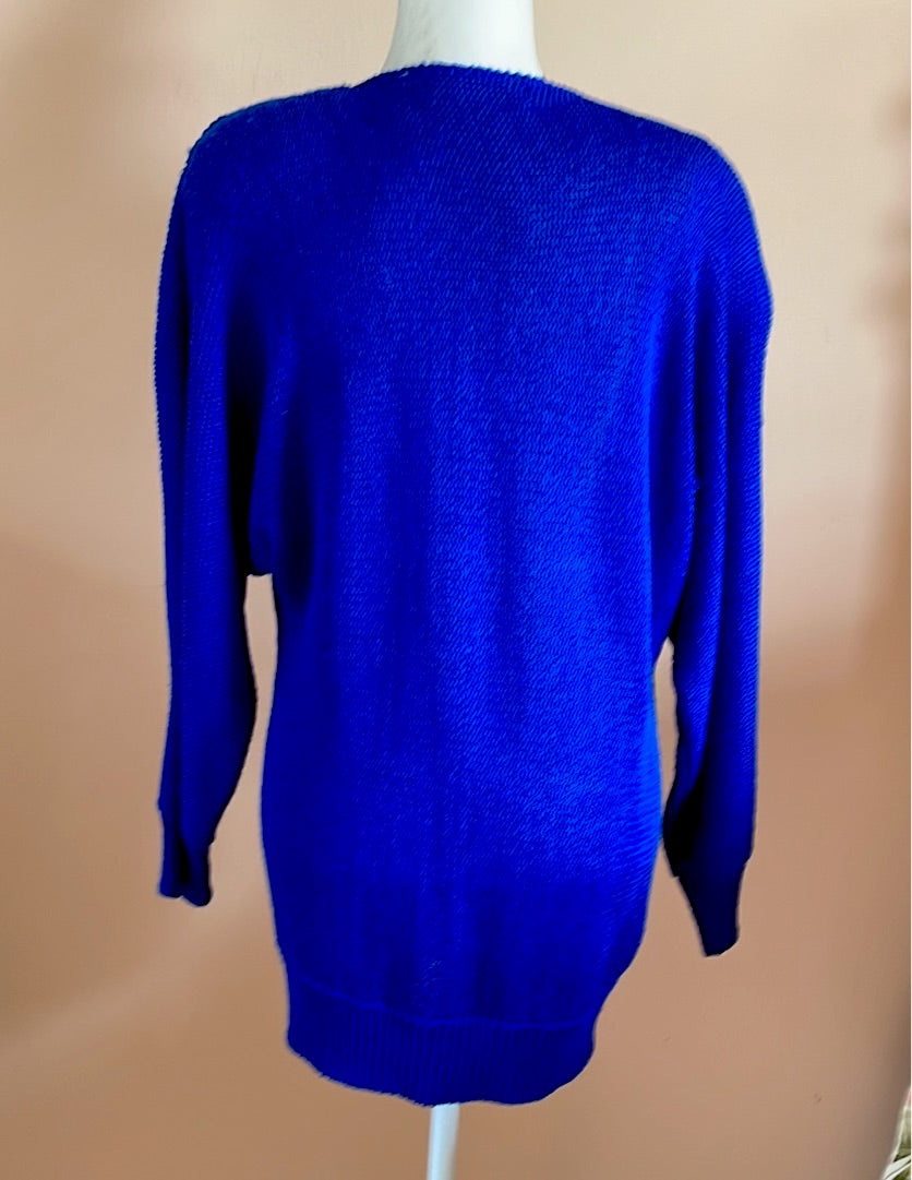  80s Alan Manchel  Blue Angora Vintage Cool Decorative Knit Sweater M