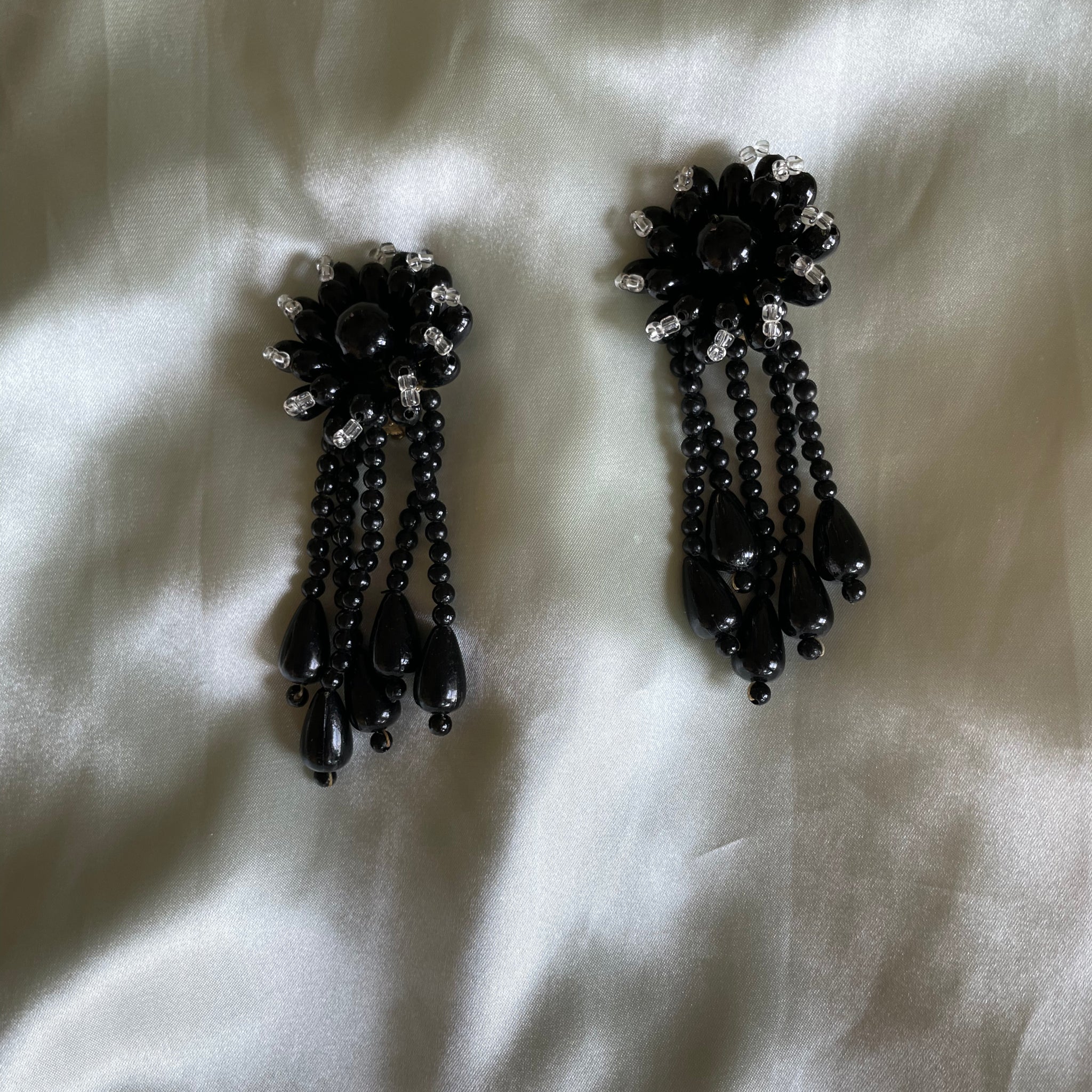 1980's black beaded flower design statement earrings