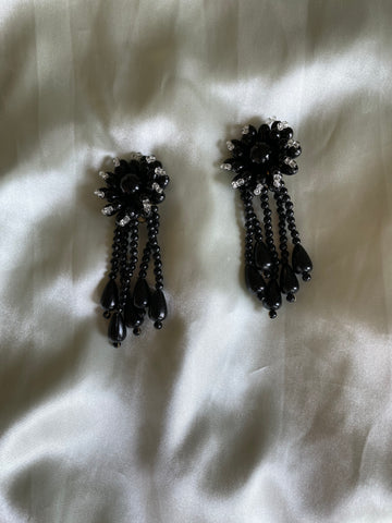Vintage 80’s Black Beaded Flower Design Statement Earrings