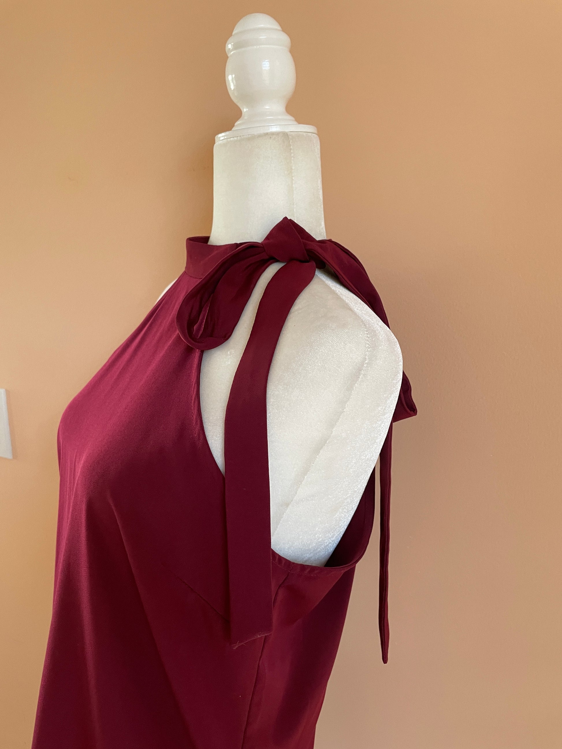  Vintage 90s Burgundy Sleeveless Bow Pockets Rokoko Shift Mini Dress