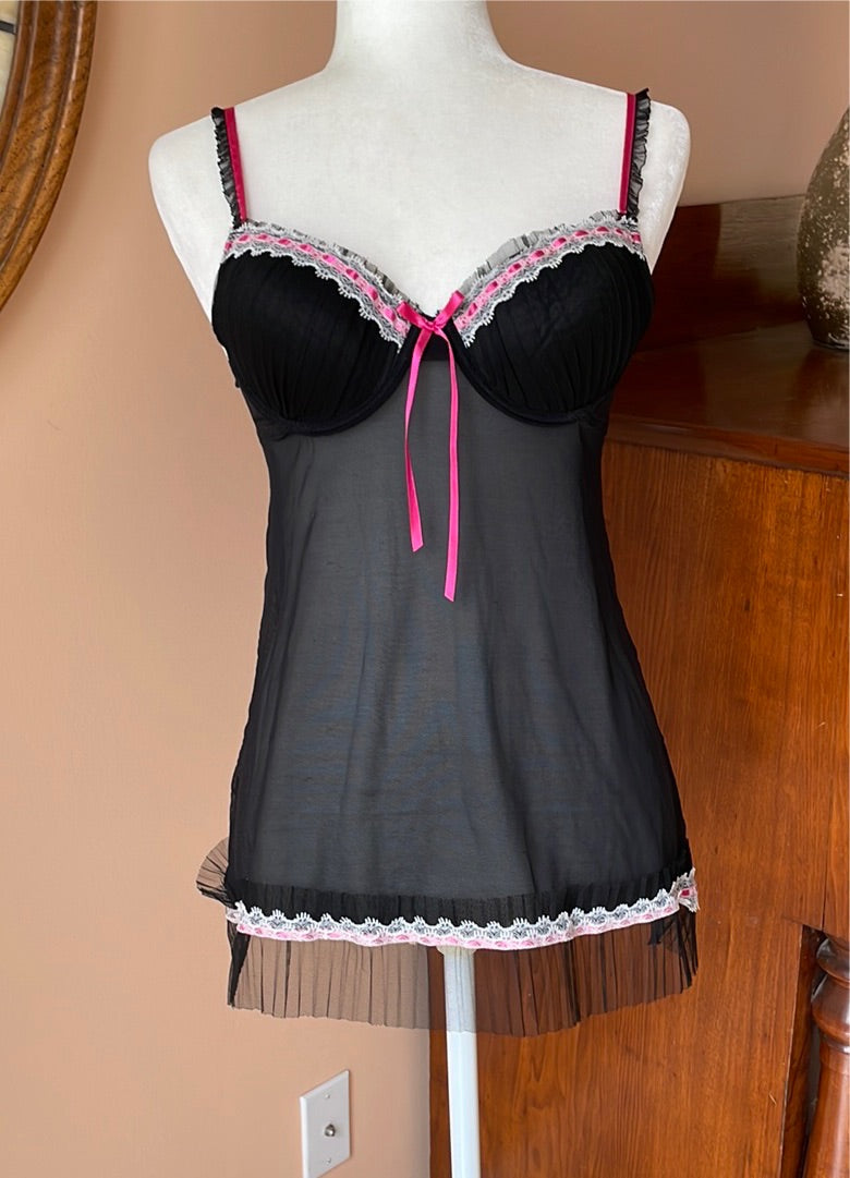 Babydoll Pink Lingerie Nitie 2000's Black Pink Bow Lingerie Chemise S