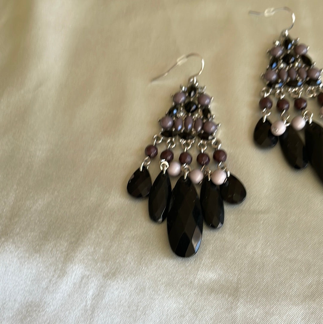  Lovely Black Glass Beaded Chandelier Pierced Earrings